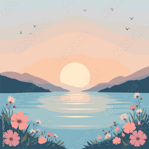 Serene Sunset over Calm Lake with Blooming Flowers