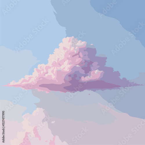 Pastel Pink Cumulus Cloud in a Blue Sky, Soft Vector Illustration