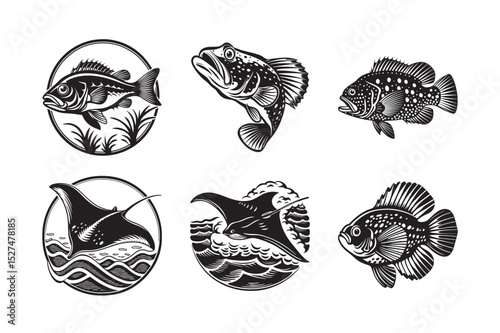silhouette of ocean fish set bundle on the white background