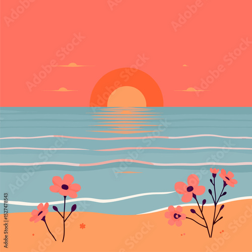 Serene Sunset Beachscape with Blooming Flowers: Minimalist Vector Illustration