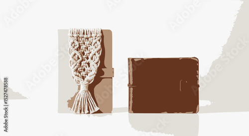 A beige journal with a macrame bookmark next to a distressed brown leather journal.