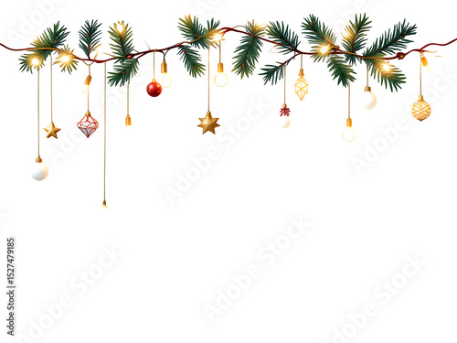 A festive garland with pine branches ornaments and warm glowing lights on a black background space