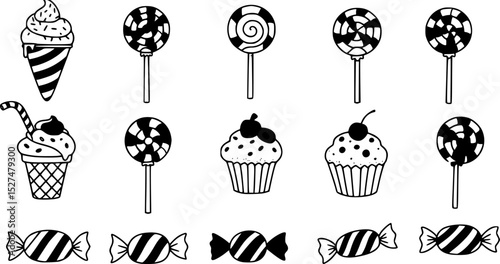 A collection of 16 black and white illustrations of various candies and sweets