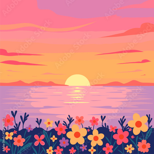 Vibrant Sunset Over Calm Ocean with Blooming Flowers