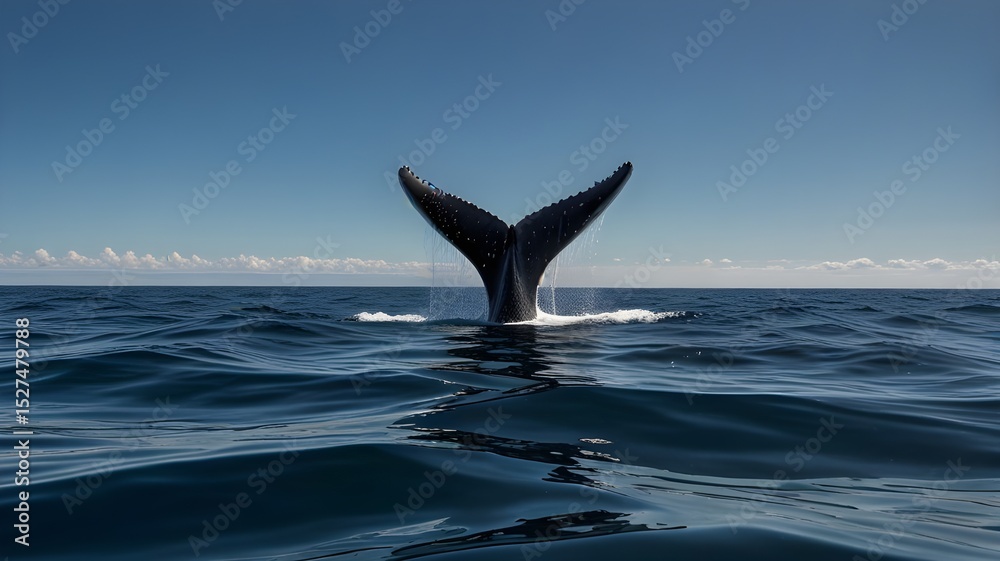 Fototapeta premium Whale fin rising from the ocean surface 