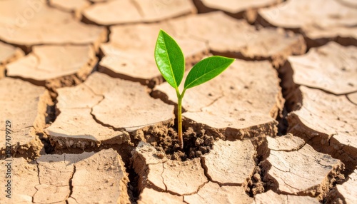Green plant sprout growing in cracked dry soil, symbolizing new life in a parched environment