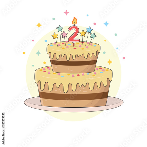 A festive chocolate birthday cake on a platter with colourful sprinkles, star decorations and a lit candle in the number two shape. Birthday party dessert. Cartoon vector illustration.