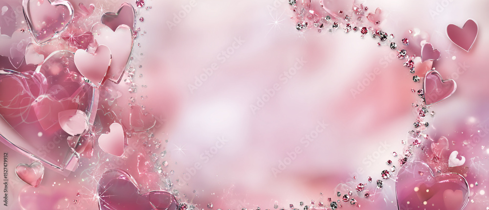 Naklejka premium A dreamy pink background with floating hearts and sparkling gems creating a romantic atmosphere design