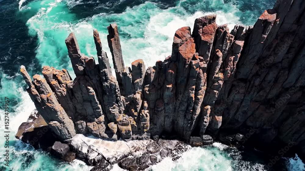 Aerial View of Basalt Column Cliffs and Crashing Waves in Tasmania, Australia