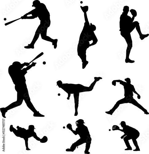 Set of baseball player silhouettes icon vector flat illustration design on white background.