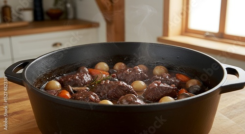 Beef bourguignon simmering in a cast iron pot on a wooden surface  