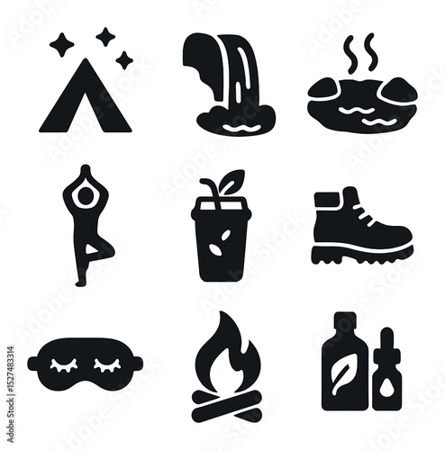 Nature Self-Care Icons. Solid, filled icons set of nature-based self-care trips: tent under stars, waterfall