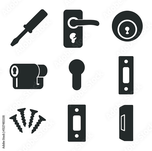 Door Lock Icons. Solid, filled icons set of replacing a broken door lock: screwdriver, door handle, deadbolt,
