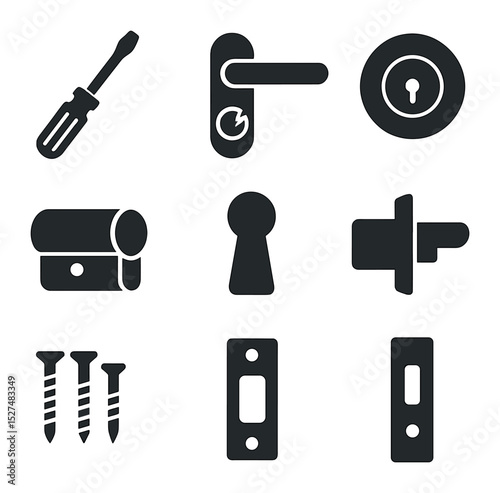 Door Lock Icons. Solid, filled icons set of replacing a broken door lock: screwdriver, door handle, deadbolt,