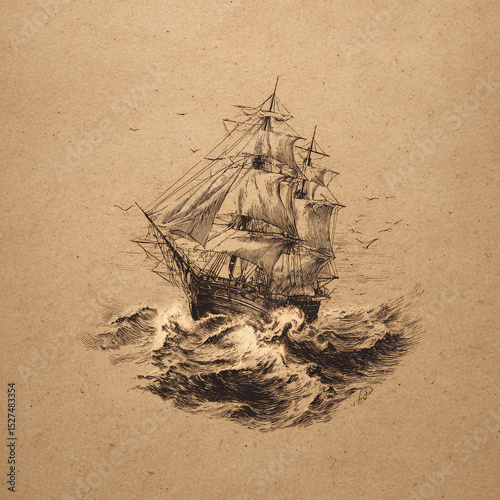 A detailed sketch of a sailing ship navigating through choppy waters with birds flying above it alluding adventure photo