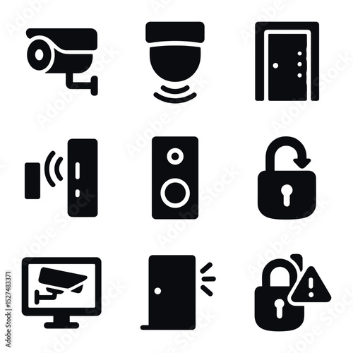 Smart Lock Icon Set. Solid, filled icons set of smart door lock systems: keypad lock, biometric scanner,