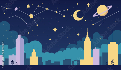 Cartoon night sky with stars, moon, and planets over distant city. Flat fairytale space vector illustration