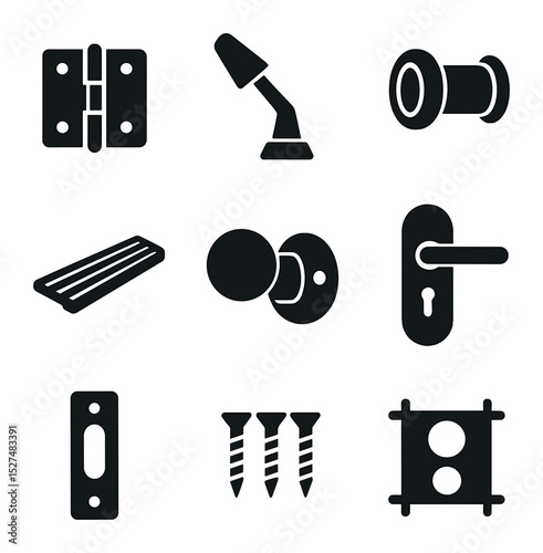 Door Hardware Icons. Solid, filled icons set of door hardware replacement: hinge icon, door stopper, peephole