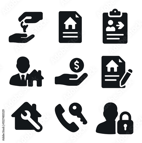 Landlord Tenant Icons Set. Solid, filled icons set of landlord and tenant lock changes: key handover, lease