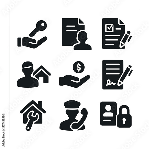 Landlord Tenant Icons Set. Solid, filled icons set of landlord and tenant lock changes: key handover, lease
