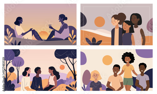 Friendship at sunset. Flat vector set of four scenes with people talking, playing, and enjoying time together