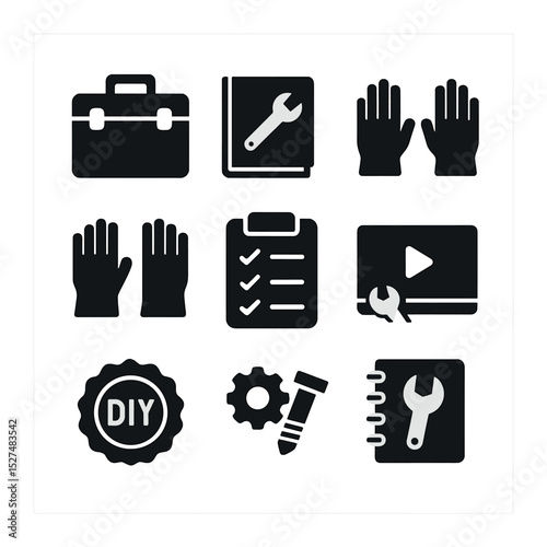 DIY Icons Grid. Solid, filled icons set of DIY home repair tasks: toolbox icon, repair manual, hands-on icon,