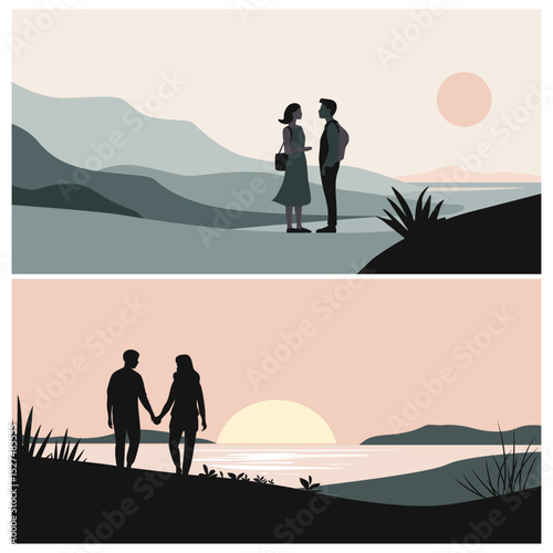 Romantic couples at sunset. Two flat vector scenes in the mountains with love, nature, and warm evening light