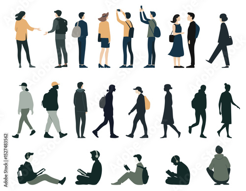 Diverse people silhouettes set. Flat collection of men and women standing, walking, sitting. Black and colored