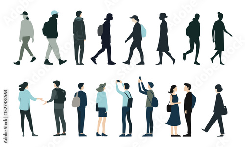 Diverse people silhouettes set. Flat collection of men and women standing, walking. Tourists. Black and colored