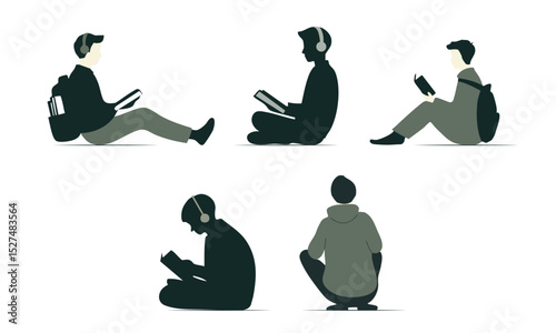 Monochrome student silhouettes. Flat set of students sitting with books and headphones