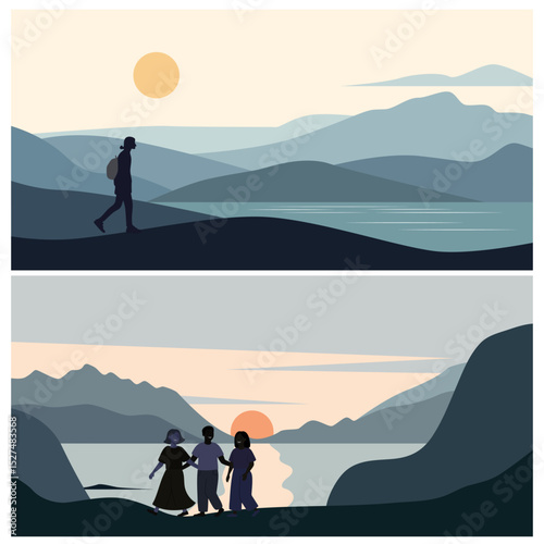 Sunset hiking and friendship. Flat vector scenes with traveler and happy girls in warm mountain landscape