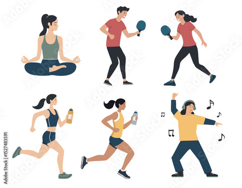 Set of people doing sports and fitness activities. Flat vector illustration of running, tennis, dancing, and yoga