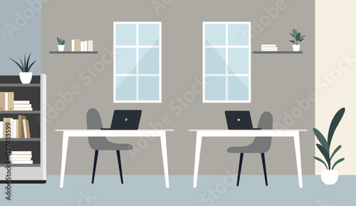 Clean office scene with two work desks and laptops. Flat minimalist interior background