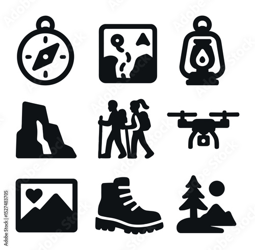 Adventure Elopement Icons. Solid, filled icons set of adventure elopements: compass, trail map, lantern, rock