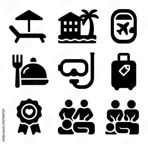 Honeymoon Travel Icons. Solid, filled icons set of honeymoon and post-elopement travel: beach bed, resort icon
