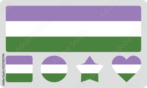 Gender Queer Pride Flag. Pride Month June. Banner Flag for LGBT, LGBTQ, LGBTQIA+ Pride. Vector flag in the shape of rectangle, square, star, heart isolated on background Love, freedom, support, rights