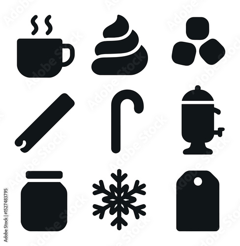 Hot Cocoa Icons. Solid, filled icons set of hot cocoa bar and winter drinks setup: cocoa mug, whipped cream
