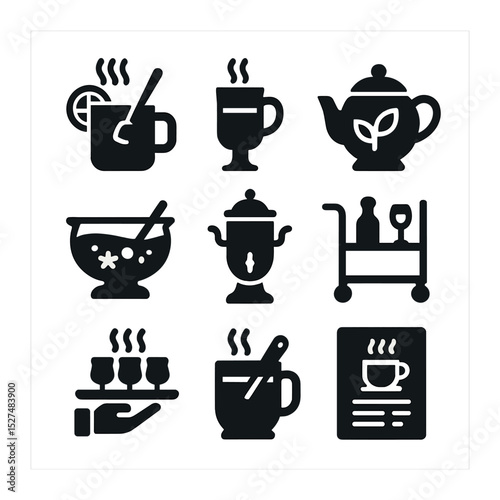 Warm Drink Icons. Solid, filled icons set of warm drinks for gatherings: hot toddy, Irish coffee, herbal tea