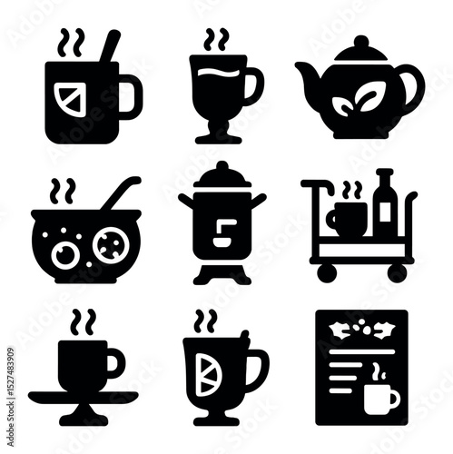 Warm Drink Icons. Solid, filled icons set of warm drinks for gatherings: hot toddy, Irish coffee, herbal tea