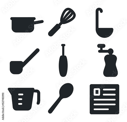 Winter Kitchen Icons. Solid, filled icons set of winter kitchen prep tools: saucepan, whisk, ladle, cocoa