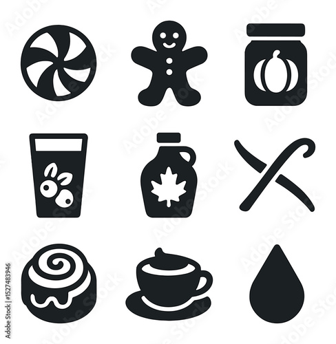Seasonal Drink Icons. Solid, filled icons set of seasonal drink flavors: peppermint icon, gingerbread icon,