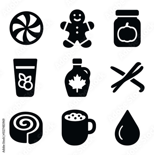 Seasonal Drink Icons. Solid, filled icons set of seasonal drink flavors: peppermint icon, gingerbread icon,