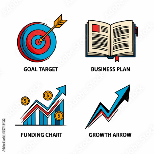 Set of Business Icons Highlighting Goals and Financial Growth Strategies