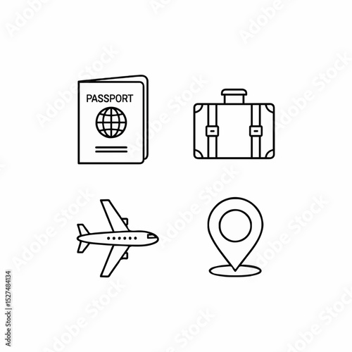 line icons of travel elements, including a passport, suitcase, airplane, and location pin, representing travel, planning, and adventure concepts.