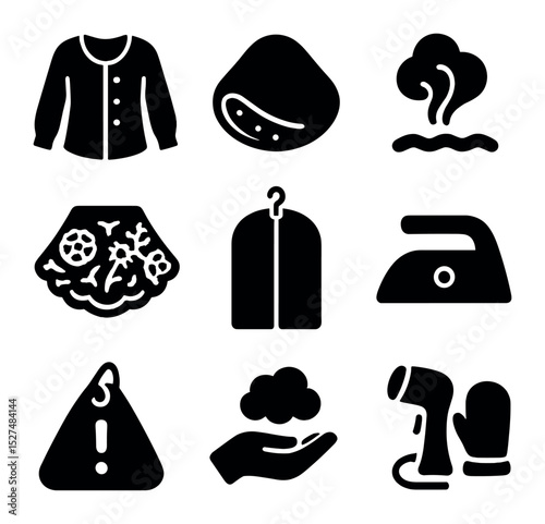 Delicate Fabric Care Icons. Solid, filled icons set of delicate fabric care: silk blouse, velvet icon, gentle