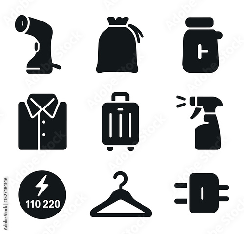 Travel Steaming Icons. Solid, filled icons set of travel garment steaming: portable steamer, travel pouch,