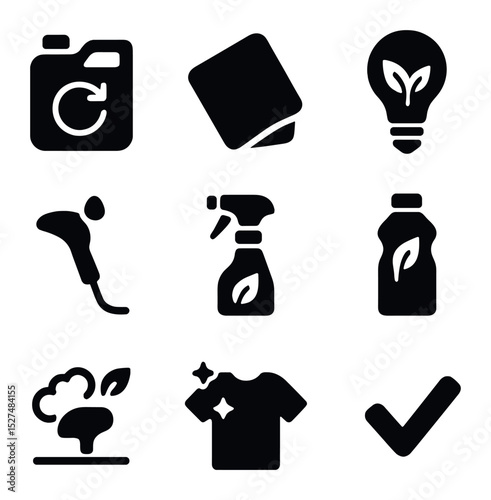 Eco Garment Care Icons. Solid, filled icons set of eco-friendly garment care: refillable tank, reusable cloth,