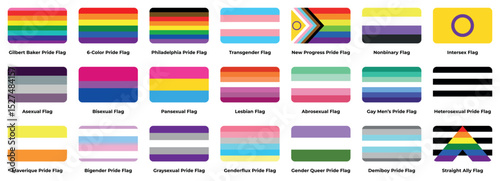 LGBT sexual identity pride flags gender collection. Flag of gay, lesbian, transgender, bisexual. Vector Illustration. LGBT, LGBTQ, LGBTQIA+ characters in apartment. List of pride flags. Rainbow flag
