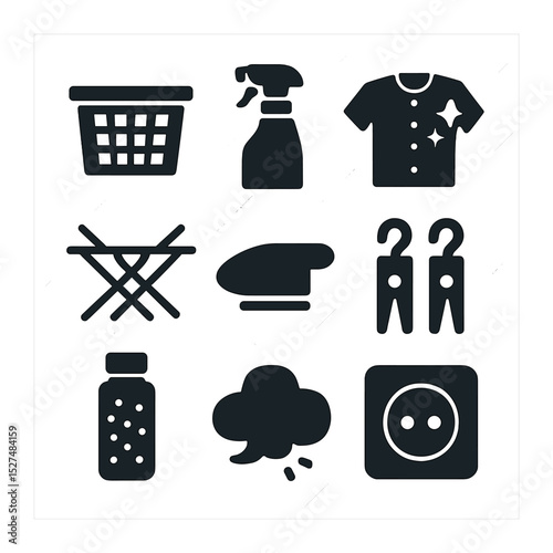 Laundry Room Icons. Solid, filled icons set of laundry room accessories: laundry basket, fabric spray bottle,