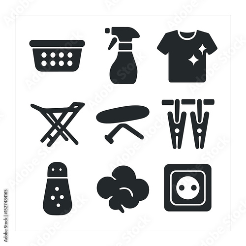 Laundry Room Icons. Solid, filled icons set of laundry room accessories: laundry basket, fabric spray bottle,